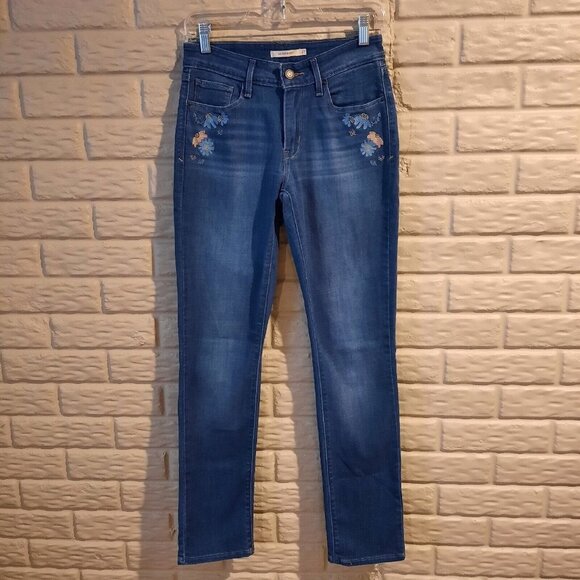 Levis Jeans Womens Size 27‎ Mid Rise Skinny Floral Embroidered Boho Stretch - Picture 1 of 10